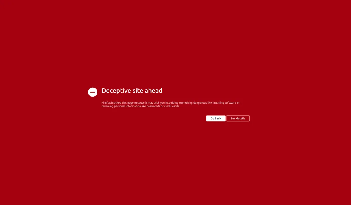 หน้าคำเตือนเว็บไซต์หลอกลวงของ Firefox