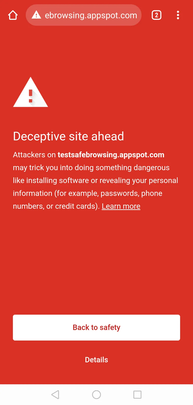 หน้าเตือนสีแดงของ Google Safe Browsing ในเบราว์เซอร์ Chromium บนมือถือ