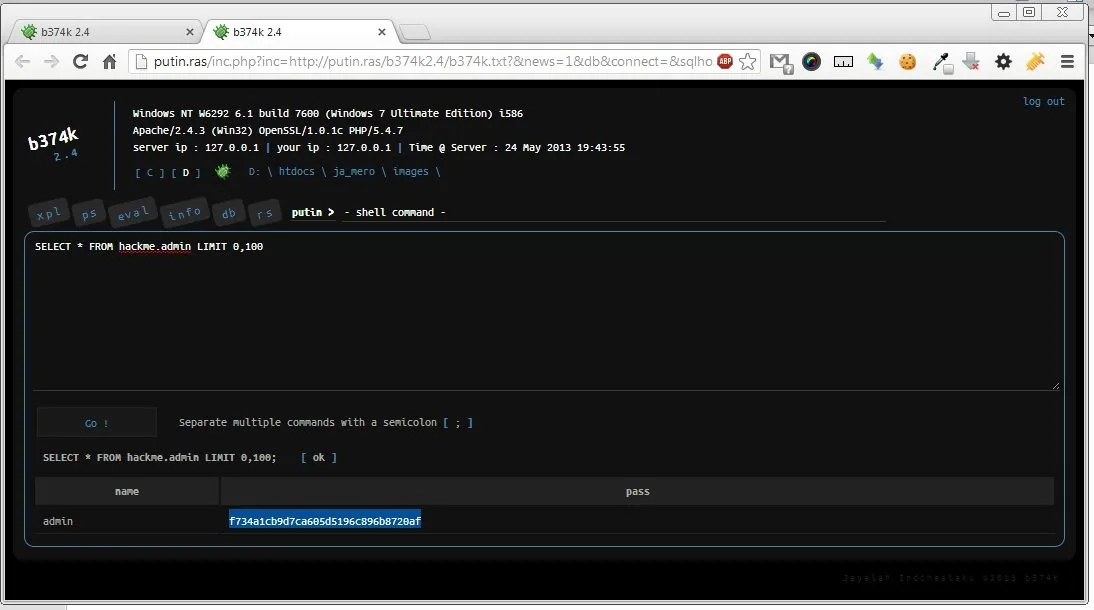 หน้าจอ Web Shell b374k ที่ใช้สั่งงานเซิร์ฟเวอร์ผ่านเบราว์เซอร์